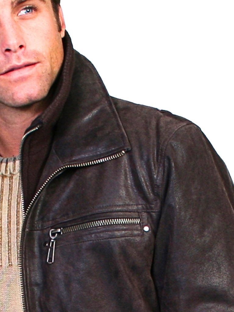 Men's Leather Jacket with Zip-Out Knit Collar & Flannel Front