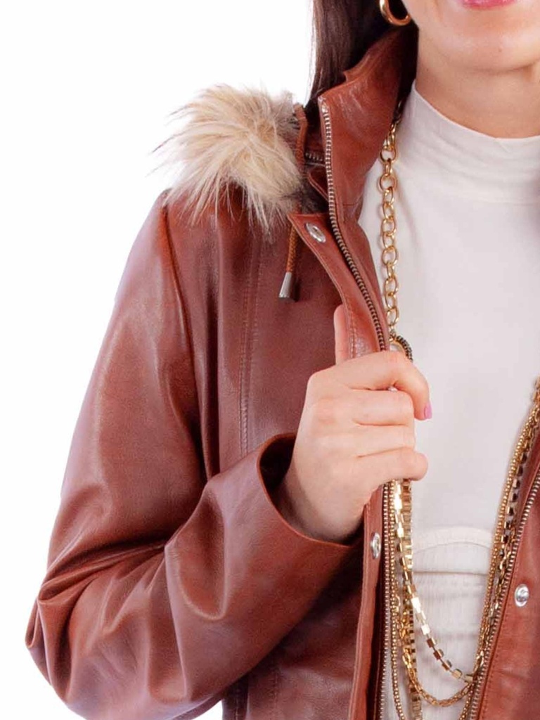 Ladies Front Closure Faux Fur Hooded Jacket (Brown)