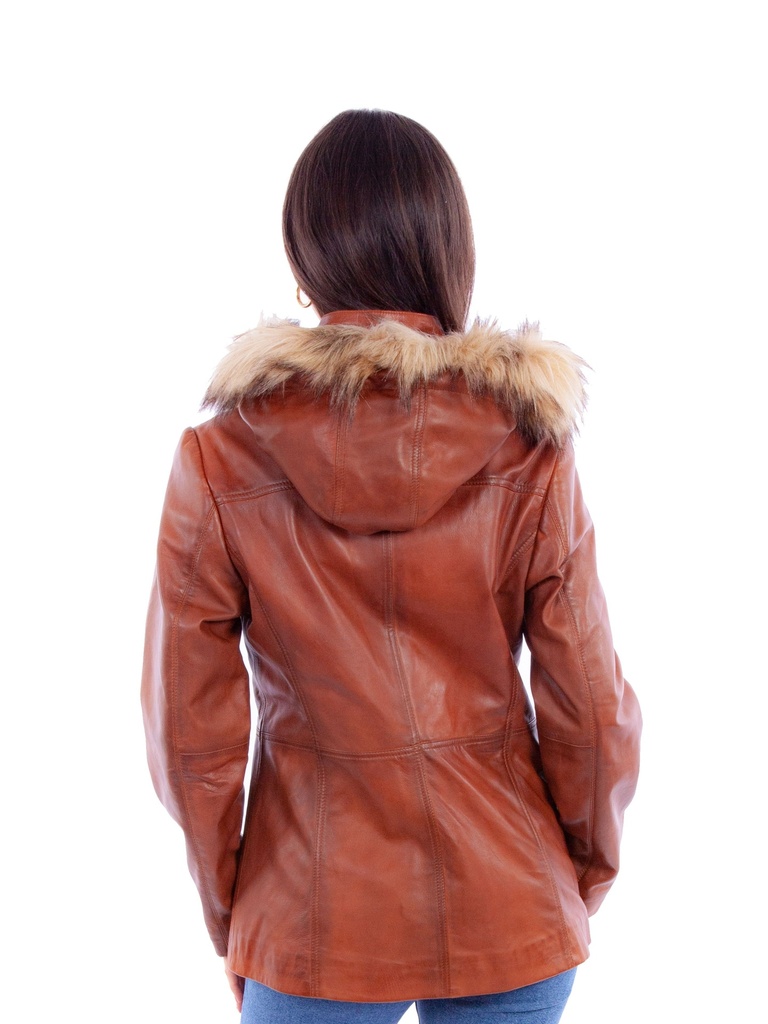 Ladies Front Closure Faux Fur Hooded Jacket (Brown)