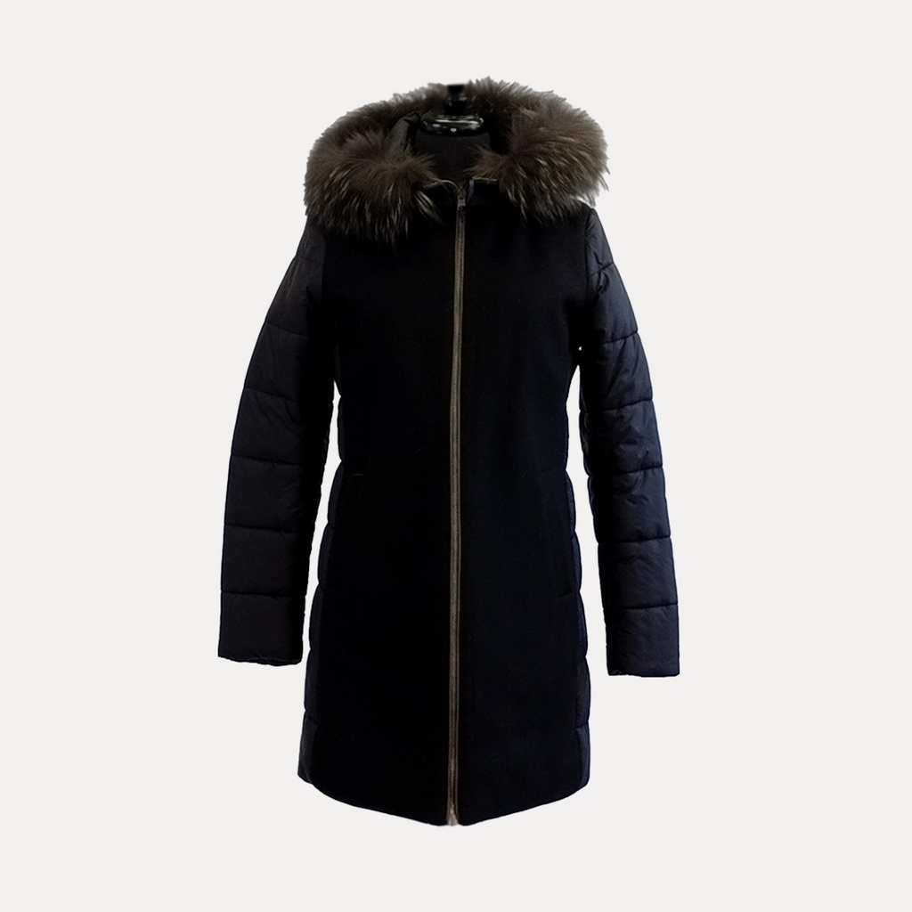 Women Reversible Coat W/ Hood Trimmed In Raccoon/Reversible