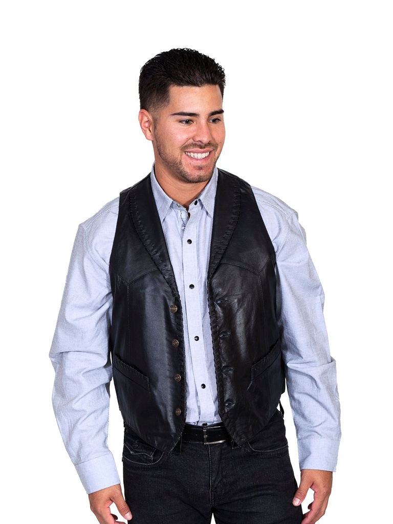 Men's Whip Stitch Leather Lapel Vest (Black)