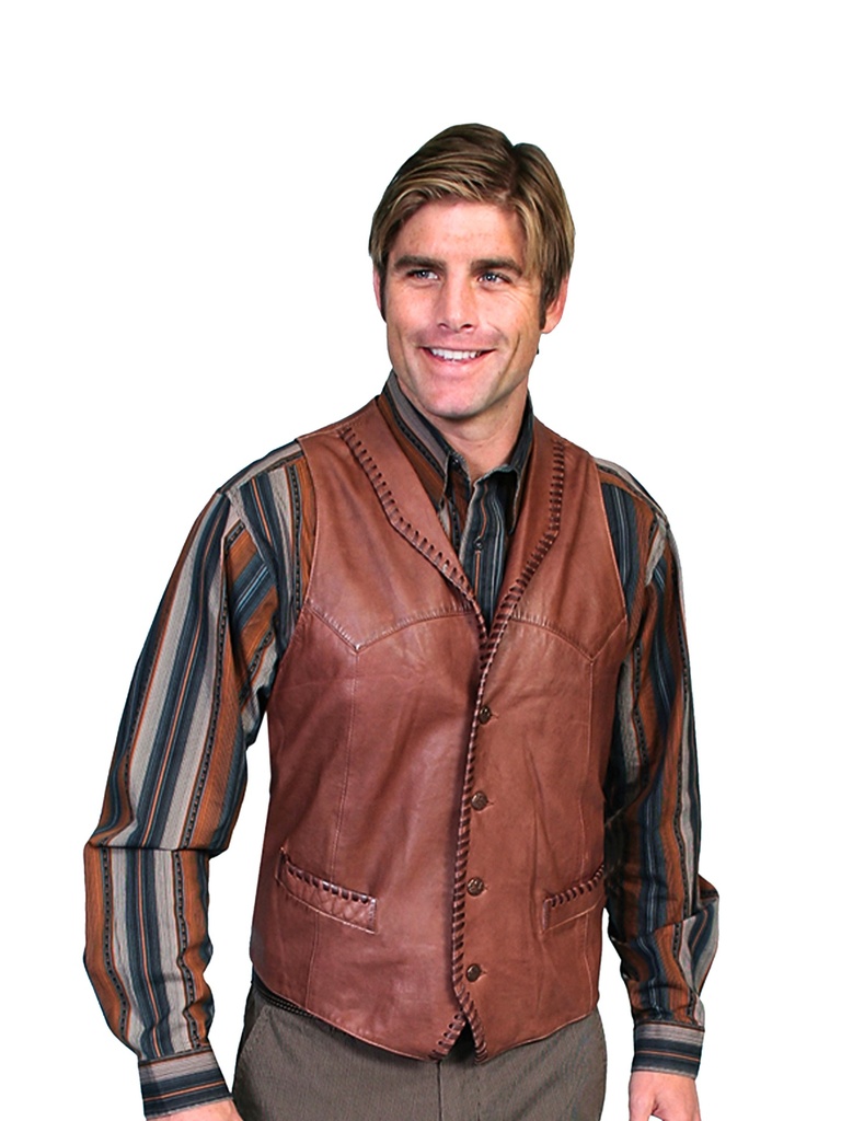  Men's Whip Stitch Leather Lapel Vest (Ranch Tan)