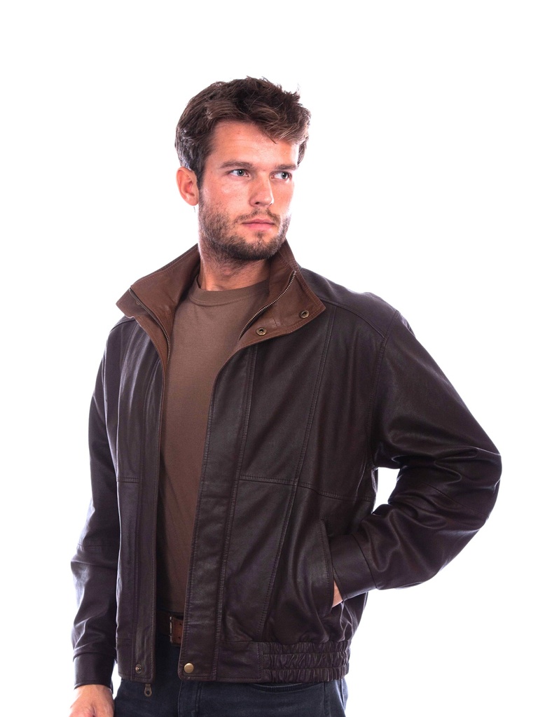 Men's Featherlite Leather Jacket with Double Collar (Chocolate w/ Cognac)