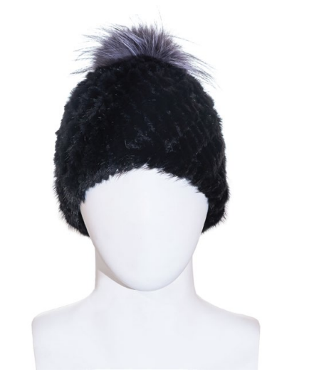 Knitted Mink Hat Fox Pom-Pom